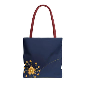 Tote Bag - Gold Flowers Navy Blue All Over Print - Dipaliz - 16’’ × / Red - Bags