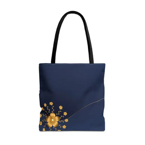 Tote Bag - Gold Flowers Navy Blue All Over Print - Dipaliz - 18’’ × / Black - Bags