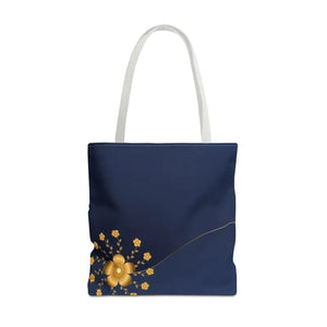 Tote Bag - Gold Flowers Navy Blue All Over Print - Dipaliz - 18’’ × / White - Bags
