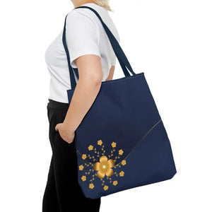 Tote Bag - Gold Flowers Navy Blue All Over Print - Dipaliz - Bags