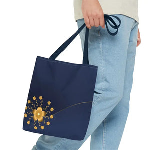 Tote Bag - Gold Flowers Navy Blue All Over Print - Dipaliz - Bags