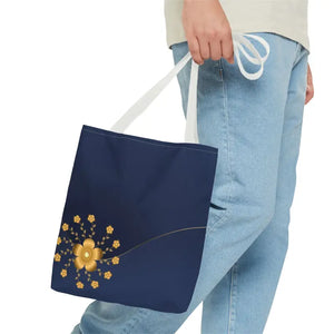 Tote Bag - Gold Flowers Navy Blue All Over Print - Dipaliz - Bags