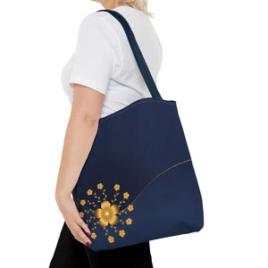 Tote Bag - Gold Flowers Navy Blue All Over Print - Dipaliz - Bags