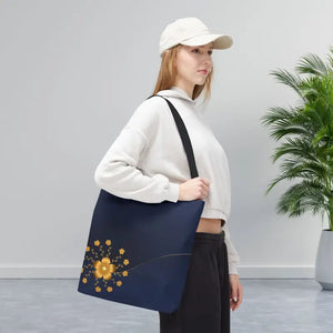 Tote Bag - Gold Flowers Navy Blue All Over Print - Dipaliz - Bags