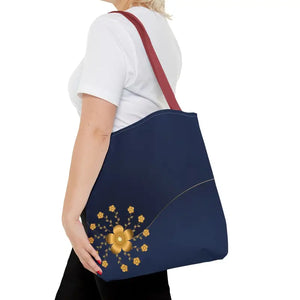 Tote Bag - Gold Flowers Navy Blue All Over Print - Dipaliz - Bags