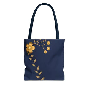Tote Bag - Gold Flowers Navy Blue All Over Print - Dipaliz - 13’’ × / Bags