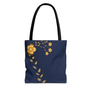 Tote Bag - Gold Flowers Navy Blue All Over Print - Dipaliz - 13’’ × / Black - Bags