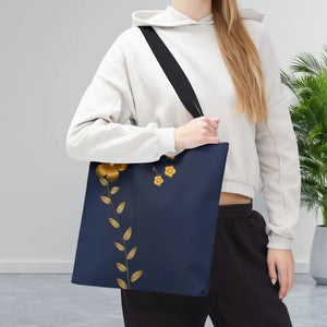 Tote Bag - Gold Flowers Navy Blue All Over Print - Dipaliz - 16’’ × / Black - Bags