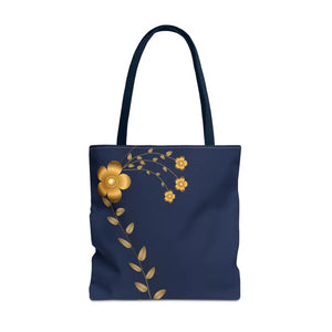 Tote Bag - Gold Flowers Navy Blue All Over Print - Dipaliz - 18’’ × / Bags