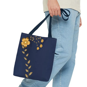 Tote Bag - Gold Flowers Navy Blue All Over Print - Dipaliz - Bags