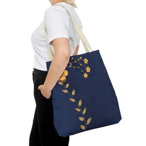 Tote Bag - Gold Flowers Navy Blue All Over Print - Dipaliz - Bags