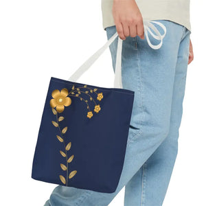 Tote Bag - Gold Flowers Navy Blue All Over Print - Dipaliz - Bags