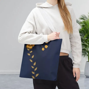 Tote Bag - Gold Flowers Navy Blue All Over Print - Dipaliz - Bags