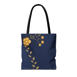 Tote Bag - Gold Flowers Navy Blue All Over Print - Dipaliz - Bags