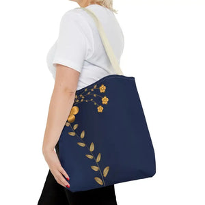 Tote Bag - Gold Flowers Navy Blue All Over Print - Dipaliz - Bags