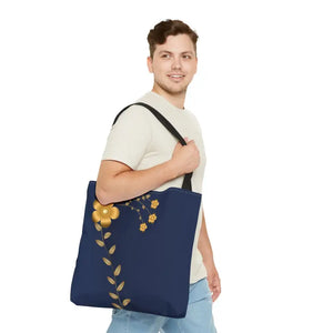 Tote Bag - Gold Flowers Navy Blue All Over Print - Dipaliz - Bags