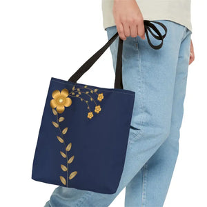 Tote Bag - Gold Flowers Navy Blue All Over Print - Dipaliz - Bags