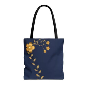 Tote Bag - Gold Flowers Navy Blue All Over Print - Dipaliz - Bags