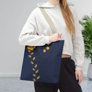 Tote Bag - Gold Flowers Navy Blue All Over Print - Dipaliz - Bags