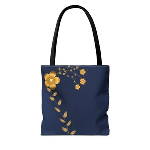 Tote Bag - Gold Flowers Navy Blue All Over Print - Dipaliz - Bags