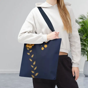 Tote Bag - Gold Flowers Navy Blue All Over Print - Dipaliz - Bags