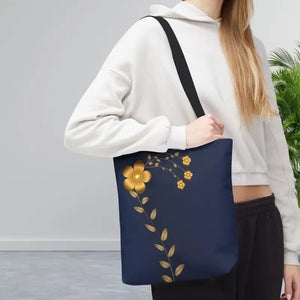 Tote Bag - Gold Flowers Navy Blue All Over Print - Dipaliz - Bags