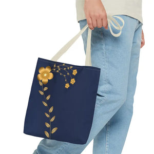 Tote Bag - Gold Flowers Navy Blue All Over Print - Dipaliz - Bags