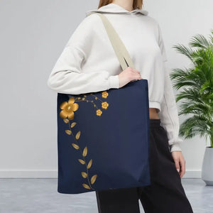 Tote Bag - Gold Flowers Navy Blue All Over Print - Dipaliz - Bags