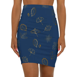 Golden Leaves on Navy Blue Women’s Mini Skirt - Skirts - Xs