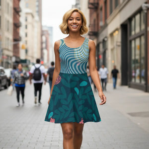 Green Wavy Skater Dress – Festival Style - Dipaliz - Dresses - Xs
