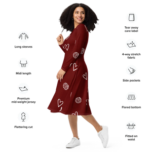 Red Midi Dress – Organic Cotton Long Sleeve - Dipaliz - Dresses - Xs