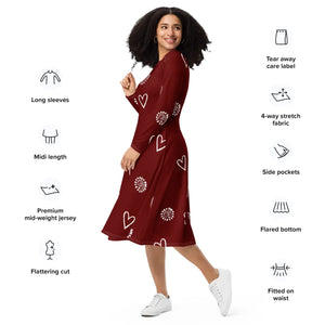 Red Midi Dress – Organic Cotton Long Sleeve - Dipaliz - Dresses - Xs