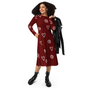 Red Midi Dress – Organic Cotton Long Sleeve - Dipaliz - Dresses - Xs