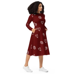 Red Midi Dress – Organic Cotton Long Sleeve - Dipaliz - Dresses - Xs