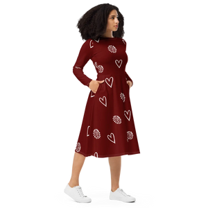 Red Midi Dress – Organic Cotton Long Sleeve - Dipaliz - Dresses - Xs
