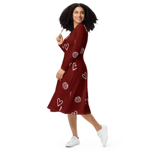 Red Midi Dress – Organic Cotton Long Sleeve - Dipaliz - Dresses - Xs