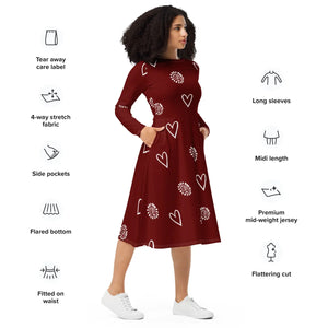 Red Midi Dress – Organic Cotton Long Sleeve - Dipaliz - Dresses - Xs