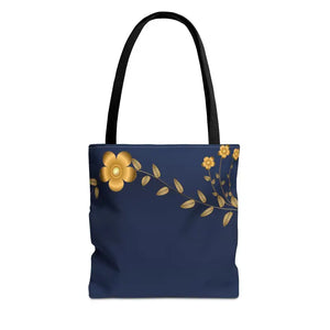 Tote Bag - Gold Flowers Navy Blue All Over Print - Dipaliz - 13’’ × / Black - Bags