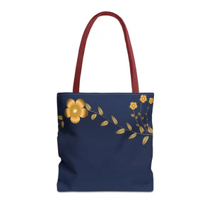 Tote Bag - Gold Flowers Navy Blue All Over Print - Dipaliz - 16’’ × / Red - Bags