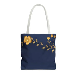 Tote Bag - Gold Flowers Navy Blue All Over Print - Dipaliz - 16’’ × / White - Bags