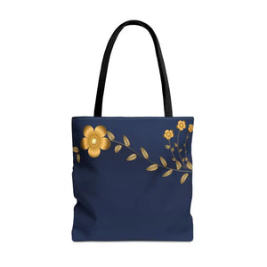 Tote Bag - Gold Flowers Navy Blue All Over Print - Dipaliz - 18’’ × / Black - Bags