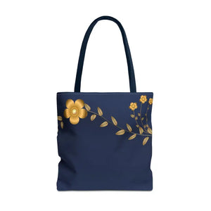 Tote Bag - Gold Flowers Navy Blue All Over Print - Dipaliz - 18’’ × / Bags