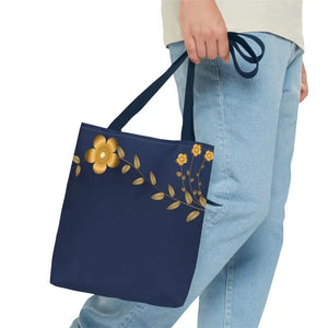 Tote Bag - Gold Flowers Navy Blue All Over Print - Dipaliz - Bags