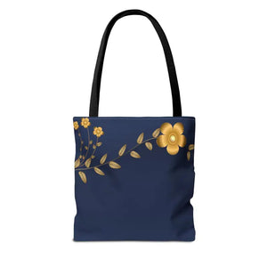 Tote Bag - Gold Flowers Navy Blue All Over Print - Dipaliz - Bags