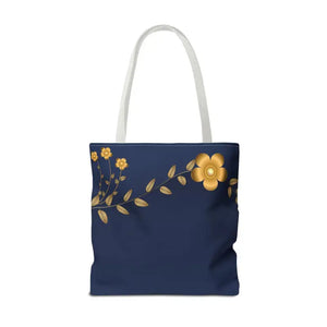 Tote Bag - Gold Flowers Navy Blue All Over Print - Dipaliz - Bags