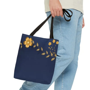 Tote Bag - Gold Flowers Navy Blue All Over Print - Dipaliz - Bags