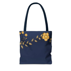 Tote Bag - Gold Flowers Navy Blue All Over Print - Dipaliz - Bags