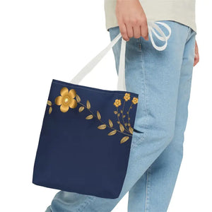 Tote Bag - Gold Flowers Navy Blue All Over Print - Dipaliz - Bags