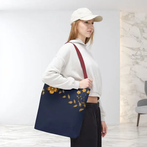 Tote Bag - Gold Flowers Navy Blue All Over Print - Dipaliz - Bags