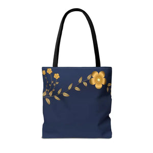 Tote Bag - Gold Flowers Navy Blue All Over Print - Dipaliz - Bags